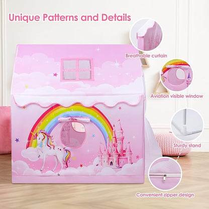 Kids Play Tent Pink Princess Tent for Girls, Large and Foldable Kids Playhouse with Windows, Portable and Lightweight Playtent Indoor &Outdoor for Gift to Toddlers
