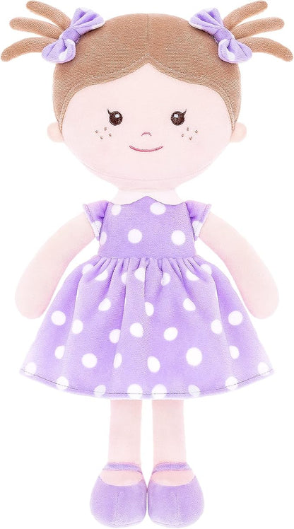 Onetoo Plush Rag Doll First Baby Doll Soft Baby Doll Sleeping Cuddle Buddy Doll for Girls Wear Purple Polka Dot Dress 14"（Milly Series）