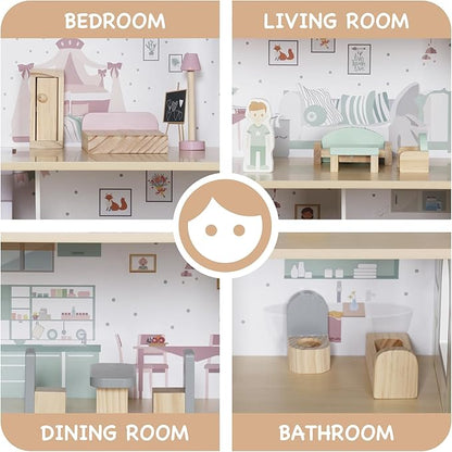 Wooden Dream Playhouse for Girls with Balcony,Doll House for Kids with Furniture,DIY Pretend Play House Toy, Children Dollhouses Toys with 12 PCS Accessories,Birthday Gifts for Boys Girls Ages 3+