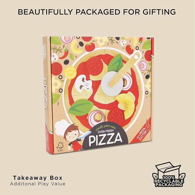 Le Toy Van - Childrens Wood Pretend Play Food | Wooden Honeybake Pizza Pretend Food Toy Playset | Toy Kitchen Accessories Play Food Role Play Toy (TV279)