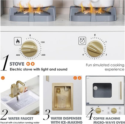 Large Wooden Corner Toy Kitchen Playsets with Real Running Water, 2 in 1 Water Dispenser with Ice Maker, Play Stove with Light and Sounds for Toddlers, Preschoolers, Children Age 3+ Years