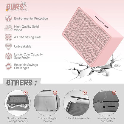 Wooden Cash Savings Box with Counter, Vault Bank for $10000 $5000 $3000 $1000 $800 $500 Target Money Challenge, Reusable Money Box with Dry Erase Pen/Savings Trackers/Rubber Band-Pink