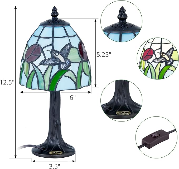 Tiffany Style mini Table Lamp-Stained Glass Hummingbird with Tulip Design Table or Desk Light LED Bulb Included-Vintage Look Colorful Accent Decor