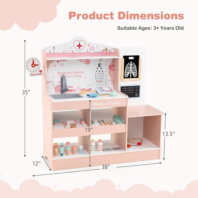 HONEY JOY Kids Wooden Doctor Play Set, 2 In 1 Checkup Medical Office Center & Vet Clinic Station, Exam Area & Interactive Accessories, X-Ray, Toddler Pretend Hospital Playset Kit for Boys Girls (Pink)