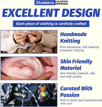 Cloth for Doll, 5-Piece Blue Streetwear Outfit for 17cm &15cm(NO Doll) – Trendy Blue Coordinated Set + Headband + Scarf + Jacket & Pants + Canvas Shoes-Handmade