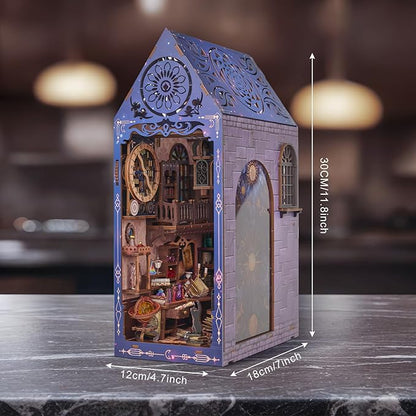 DIY Book Nook Kit, Miniature Bookshelf Decor with LED Lights, Laser-Cut Wooden Craft Set for Adults, Creative Gift for Christmas, Birthday, Time Castle