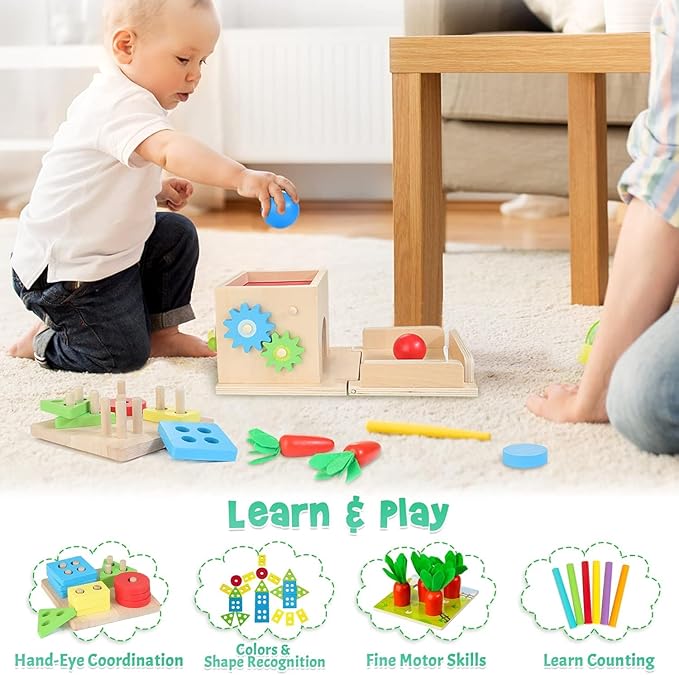 Kizfarm Wooden Montessori Baby Toys, 8-in-1 Wooden Play Kit Includes Object Permanent Box, Coin Box, Carrot Harvest, Shape Sorting & Stacking - Christmas Birthday Gift for Boys Girls Toddlers