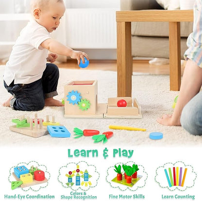 Kizfarm Wooden Montessori Baby Toys, 8-in-1 Wooden Play Kit Includes Object Permanent Box, Coin Box, Carrot Harvest, Shape Sorting & Stacking - Christmas Birthday Gift for Boys Girls Toddlers
