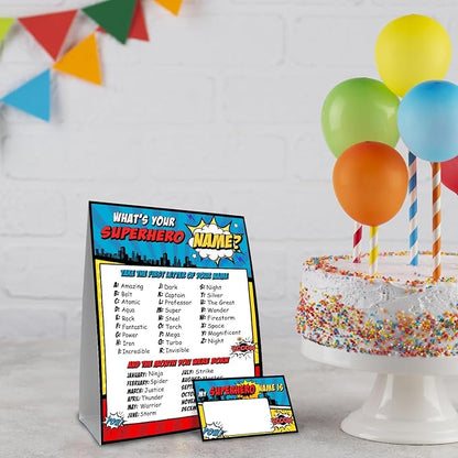 What is Your Superhero Name Game, Game Sign and 30 Cards, Superhero Birthday Party Sign for Boys, Holiday Activity, Kids Superhero Activity Cards, Superhero Activity Decoration Supplies