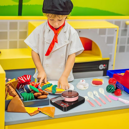 UPKOCH 86-Piece Interactive Kids Kitchen Playset with Electric Stove & Pressure Cooker - Pretend Play Cooking Toys for Toddlers, Cutting Vegetables & BBQ Grill Roleplay (Pink)