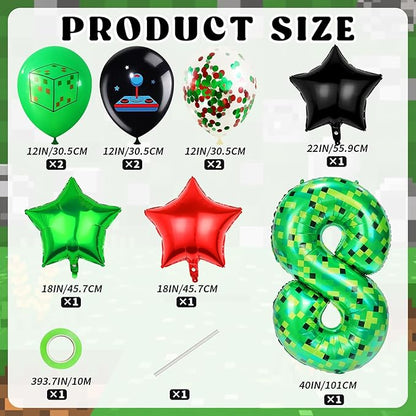 40in TNT Pixel Number 8 Balloon Birthday Decorations, Miner Theme Green Foil Balloons Blast Gaming Party Supplies