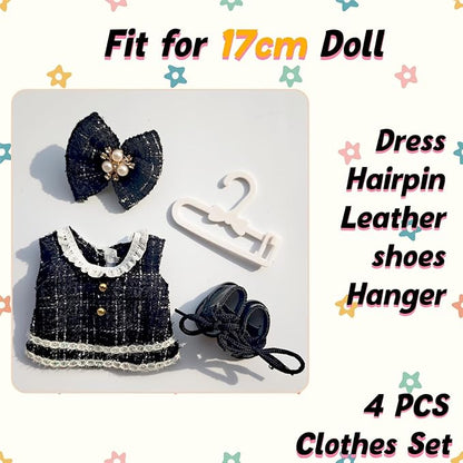 17cm Doll Clothes and Shoes Set, Cute Girls Outfits and Leather Shoes, 4 PCS Black Chic Dress Stylish Outfits Exquisite Accessories