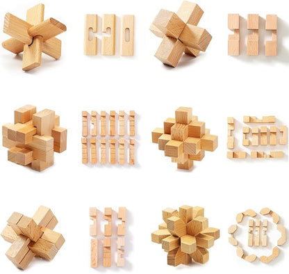 VolksRose 15pcs Wooden Brain Teaser Puzzles, IQ Challenge Puzzle Games, Logic Mind Puzzle Box Lock Toy Disentanglement 3D Small Brain Puzzle Gift Set for Adults Teenagers Kids, 1.8inch 4.5cm