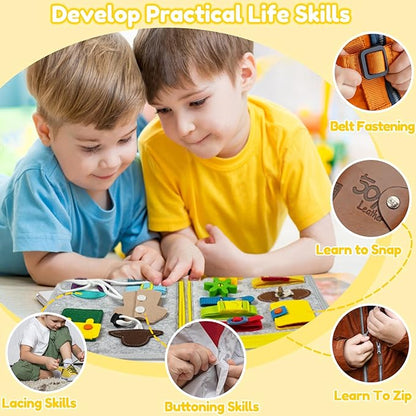 Qizfun Busy Board Montessori Toy for Toddlers, Educational Sensory Learning Toy for Fine Motor Skills, Preschool Travel Toy for Airplane & Car, Gifts for Boys and Girls