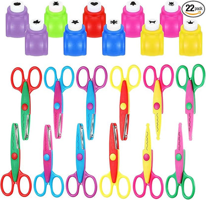 22 Pcs Craft Hole Punch and Creative Scissors Set, Including 12 Craft Pattern Scissors Decorative Edge Scrapbooking Edging, 10 Paper Punch for School Kids Adults Crafting