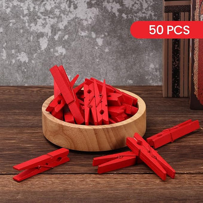 50PCS Colored Wooden Clothespins, 2.9inch Red Clothes Pins for Clip Pictures Photos Decorative, Small Colorful Wood Decoration Closepins Clips