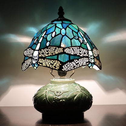 Small Tiffany Lamp Mushroom Table Lamp, Mini Stained Glass Desk Light Memory Sympathy Ceramic lamp 8X11 Inch (Sea Blue Dragonfly Style)
