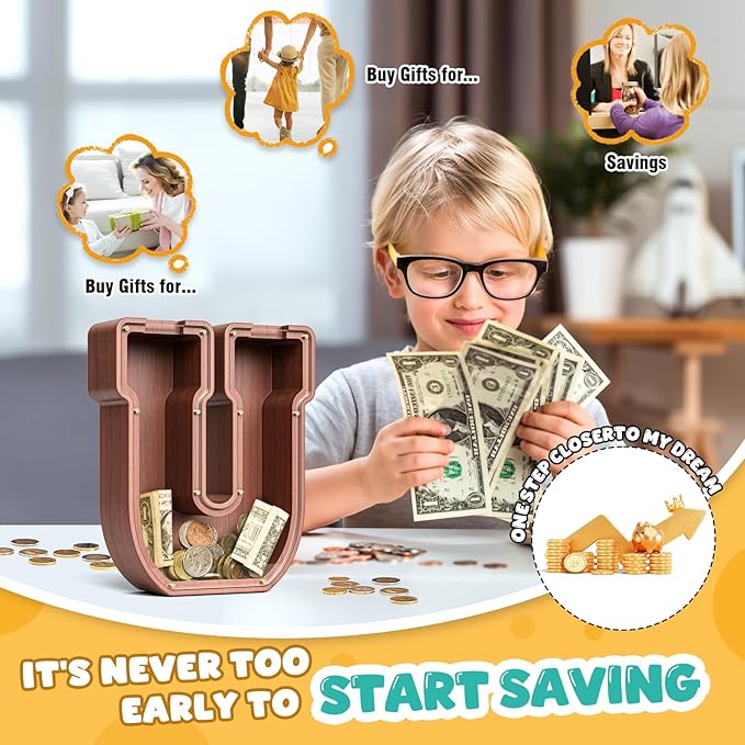 Summidate Wooden Letter Piggy Bank, Extra Thick Large Capacity Piggy Bank for Kids Boys Girls Toddler, Alphabet U Money Bank| Coin Box Birthday, Christmas, Festival