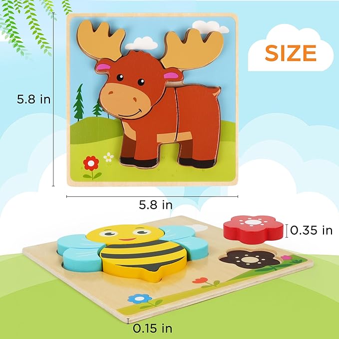 BenBen Wooden Puzzles for Toddlers 1-3, 8 Pack Animal Puzzles for Toddlers 2-4, Montessori Toys for 1 2 3 Year Old Boys Girls, Learning Educational Preschool Toys