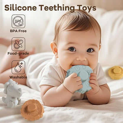 Stacking & Nesting Baby Teething Toy, 7 Pcs Soft Building Rings Stacker Toys with Dinosaur, Newborn Essentials Sensory Learning Toys for 6 12 18 Months Infant Toddler Boys Girls