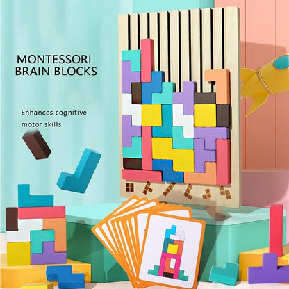Montessori Brain Blocks, Colored 3D Wooden Russian Puzzle, Develops Logic & Spatial Reasoning, Wooden Stacking Puzzle Giant Board Game, Open-Ended Play Thinking for Boys and Girls (A)