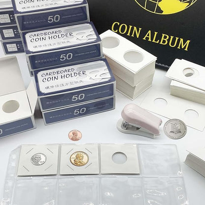 400 PCS Cardboard Coin Flips with 20 Sheets Coin Pocket Pages, 8 Assorted Sizes 2" x 2" Cardboard Coin Holders Coin Flips Coin Collection Supplies for Dime, Dollars, Penny, Quarter, Nickels Collecting