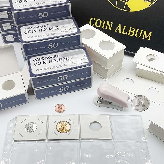 300 PCS Cardboard Coin Flips with 15 Sheets Coin Pocket Pages, 6 Assorted Sizes 2" x 2" Cardboard Coin Holders Coin Flips Coin Collection Supplies for Dime, Penny, Quarter, Nickels, Dollars Collecting