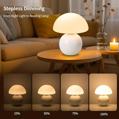 Mushroom Table Lamp, Ceramic Base with Milky White Glass Shade, Vintage Dimmable Bedside Nightstand Lamp for Bedroom, Reading, Home Décor, Gift for Friends White