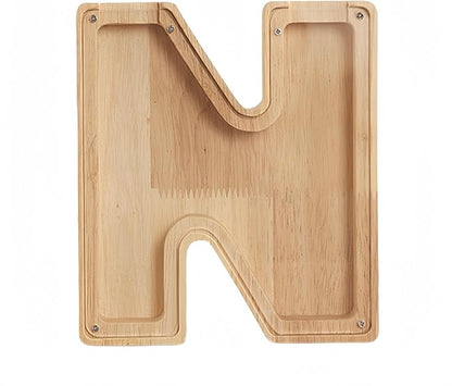 Wooden Alphabet Piggy Bank Clear Acrylic Panel Coin Savings Box Personalized Money Bank for Kids Boys Girls Adults, Birthday Home Décor(N)