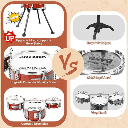 Kids Drum Set Music Toy Drum Set for Toddlers Ages 3-5 Jazz Drums Kit with Stool, 3 Drums Percussion Musical Instruments Toys for 3 4 5 Year Old Boys Girls Gifts
