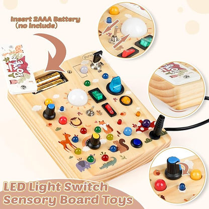 Joyreal Wooden Busy Board with LED Light, Montessori Toddler Toys, Wooden Sensory Board, Toddlers Activity Travel Toys for Boy & Girl Birthday Gift (Forest Theme)