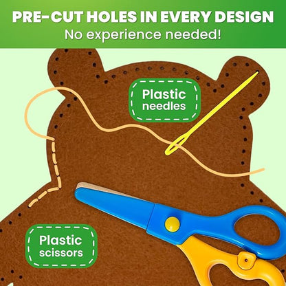 QUOKKA Kids Crafts Ages 4-8, DIY Beginner Needle and Thread Kit - 12 Wild Animals Sewing Kit Basic - Fun Arts Crafts for Kids Ages 6-8 Girls Boys - Plastic Needles, Scissors - 6+ Year Old Girl Gifts