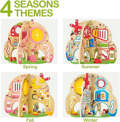 Monläurd® Montessori Wooden Tree Activity Center, Sensory Table & Busy Board for Toddlers 1-3, 4-Season Learning Activity Cube for Playroom & Daycare