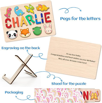 Personalized Name Puzzle for Kids, 1st Birthday Gifts for Girl Boy, Easter Basket Stuffers for Toddler, Custom Easter Christmas Baby Gifts, Toddler Learning Toys, Wooden Name Puzzles for Toddlers 1-3
