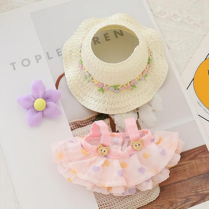 Clothes for Dolls Accessories (No Doll), Kawaii Hat Skirt Outfit Set 3 Pieces for 15cm 17cm Dolls Suit, Stylish Flower Doll Hat Clothing Set Replacement Pink