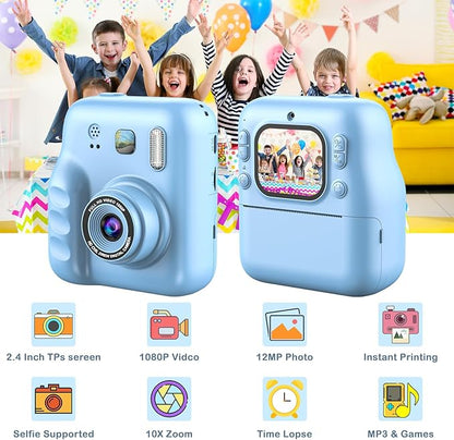Kids Instant Print Camera, 1080P HD Kids Camera Instant Print, Includes 32GB SD Card, Adapter & 4 Zink Paper Rolls, Best Christmas or Birthday Gift for Girls Boys Age 3-12（Blue）