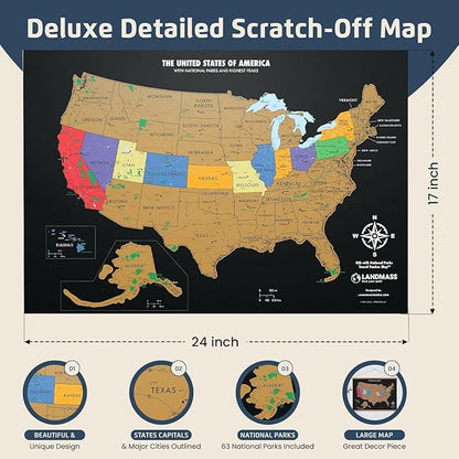 Landmass Scratch Off United States Map, Travel Poster with National Parks, State Capitals, USA Wall Art, Gift for Travelers, Home Travel Decor, Gift Idea for Adventure Enthusiasts, 17x24 Inches