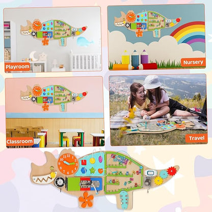 Dinosaur Activity Wall Busy Board Panels, 11-in-1 Montessori Sensory Wall Panel for Kids, Toddler Learning Activity Center, Perfect for Playroom Daycare Nursery Classroom