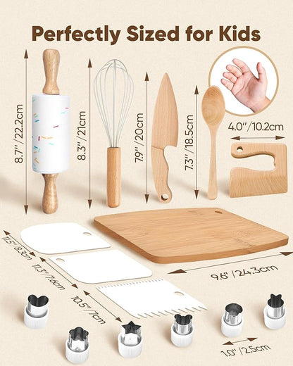 Wooden Safe Real Cooking Tool Set for Kids Toddler Teen – Montessori Kitchen Accessories & Utensils for Little Chef, with Children Proof Knife & Baking Kit, Youth Friendly Culinary Kit for Girl & Boy