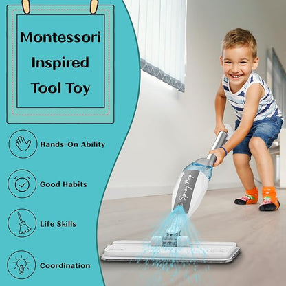 Toddler Cleaning Set That Really Works - Kids Spray Mop - Toddler-Size Small Mop with Real Squeeze Water Sprayer, Detachable Kids Mops, Interactive Cleaning Toys Gift for Boys & Girls