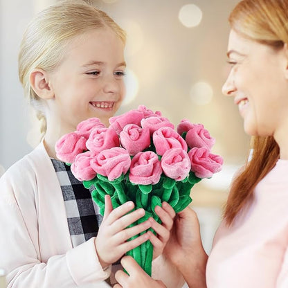 18 Pcs Plush Rose Flower Stuffed Bendable Stems Plush Bouquet Toy Soft Floral 12.6 Inch for Graduation 2025 Mother's Day Valentines Day Girl Girlfriend Wife Family and Friends(Pink Series)