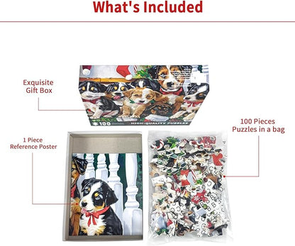 Christmas Puzzle 100 Piece Puzzles for Kids, Christmas Dogs Puzzle 100 Pieces Christmas Puppies Puzzle 100 Piece Puzzles for Adults Christmas Puzzle Puppies Puzzles for Kids Ages 6-10 Brain Teaser