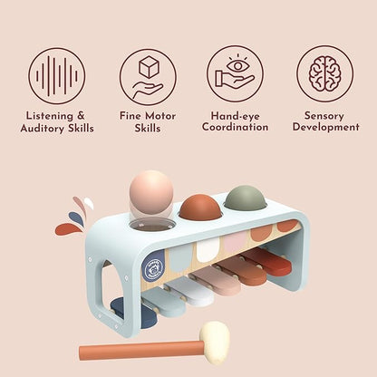 Speedy Monkey Tap Tap Xylophone – Vibrant Wooden Xylo Bench with 3 Balls, Hammer Play, Enhances Problem-Solving, and Cognitive Growth | Non-Toxic Finish, Ideal for Kids, Sturdy Learning Toy