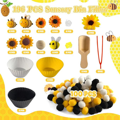 196 Pcs Sensory Bin Filler, Fine Motor Toys Bee Themed Sensory Bin Items Counting Sorting Toy Colorful Pom Poms Cup Bee Honeycomb Wooden Scoop for Preschool Education Activities