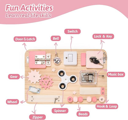 Potatomato Pink Montessori Wooden Busy Board – Sensory Fine Motor Skill Toy for Toddlers – Educational Activity Board for Kids – Travel Fidget Toy for Girls & Boys – Birthday Gift for Autism & ADHD