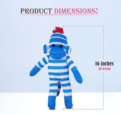 Adorable Sock Monkey, The Original Traditional Hand Knitted Stuffed Animal Toy Gift-for Kids, Babies, Teens, Girls and Boys Baby Doll Present Puppet (16" Blue)