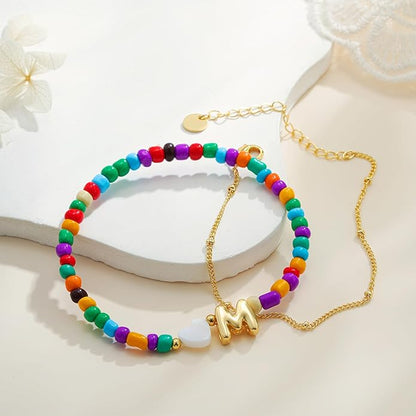 Colorful Initial Bracelets for Women Girls - 14K Gold Plated Heart Initial Letter Daint A-Z Charm Bracelet Summer Jewelry Teen Girl Gifts for Teen Kids