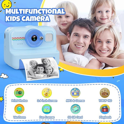 Kids Instant Print Camera - 1080P HD, 3 Rolls Paper & 32GB Card, Ideal Gift for Boys & Girls Age 3-14 (Blue)