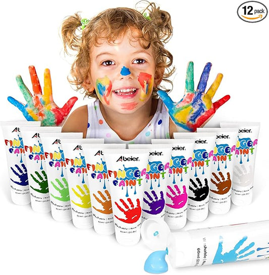 ABEIER Washable Finger Paint for Toddlers, Safe Non-Toxic, 12 x 2oz Vibrant Colors, Baby Safe Paint for Hand and Feet, Mess Free Art Supplies for Kids, Preschool Learning Gifts, Ages 1-3 4 5 6+