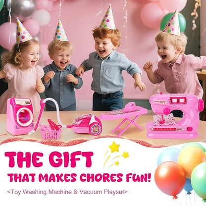 Coherny Sewing Kit for Kids Pretend Play Toys with Toy Washing Machine & Vacuum Kids Washer and Dryer Playset with Mini Sewing Machine for Dollhouse Furniture Toddles Boys Girls Cleaning Gifts